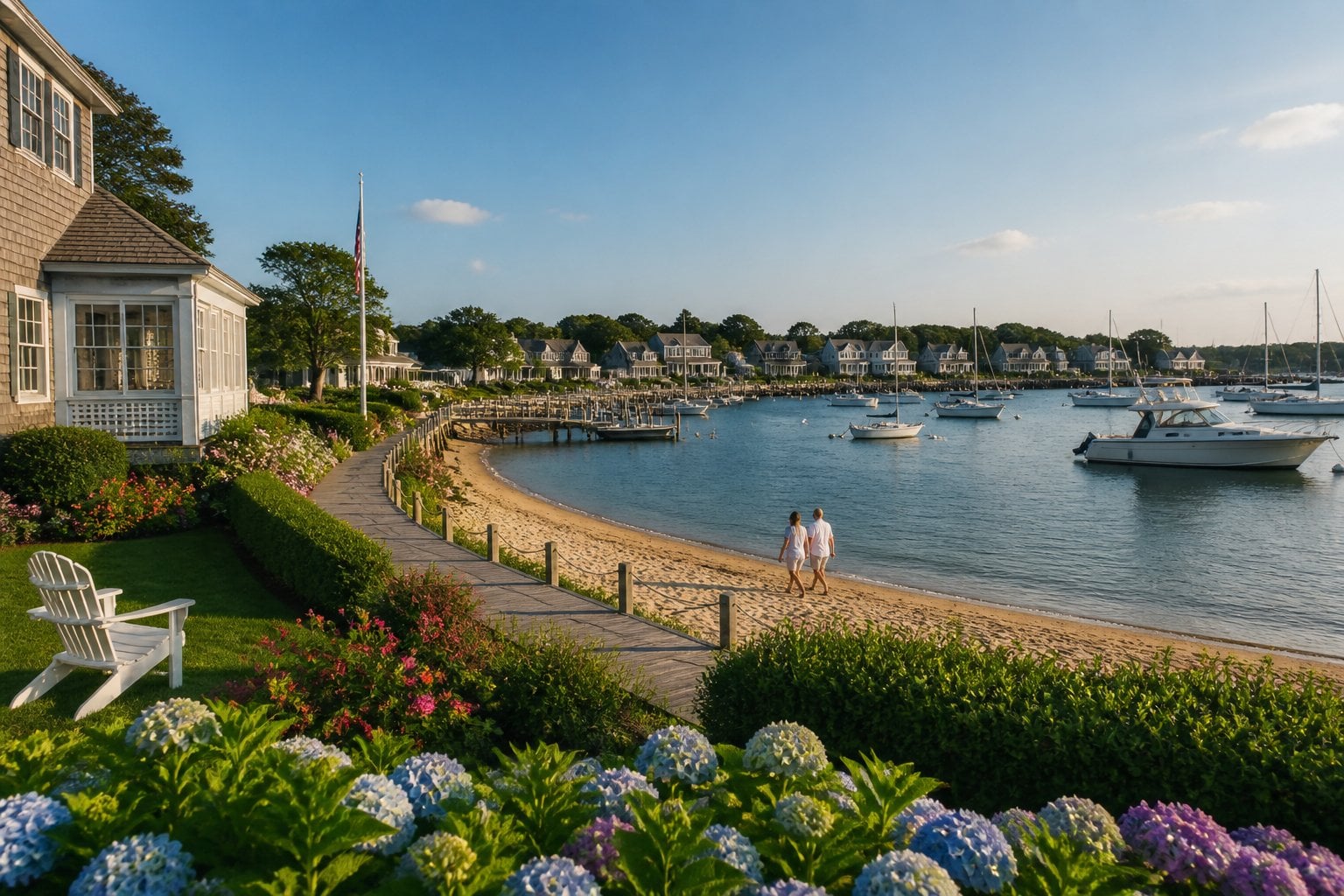 A picturesque Martha’s Vineyard harbor with elegant seaside homes, sailboats, yachts, and a sandy beach.