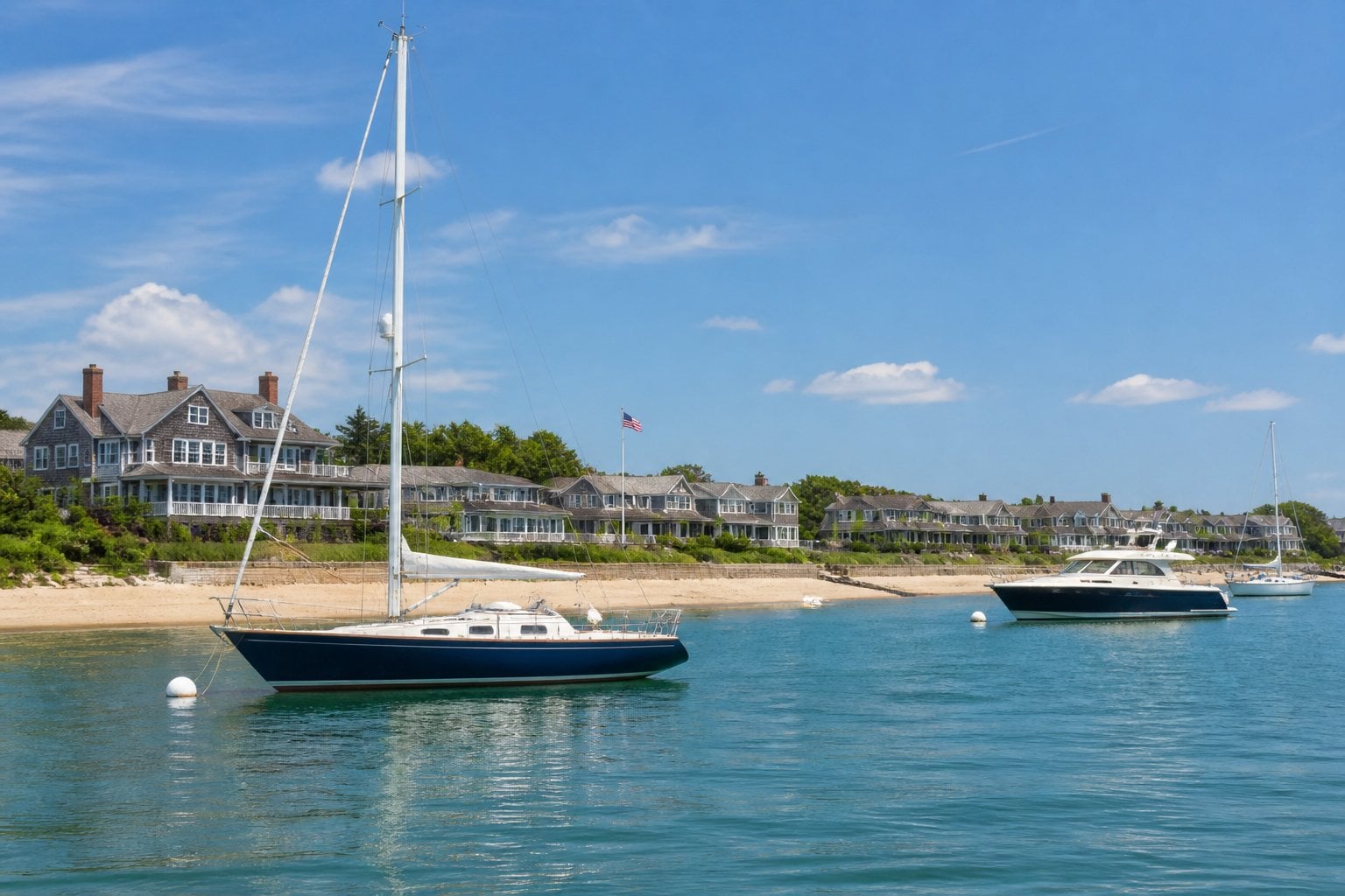 A picturesque Nantucket harbor with sailboats, yachts, historic shingled homes, and a sandy shoreline.