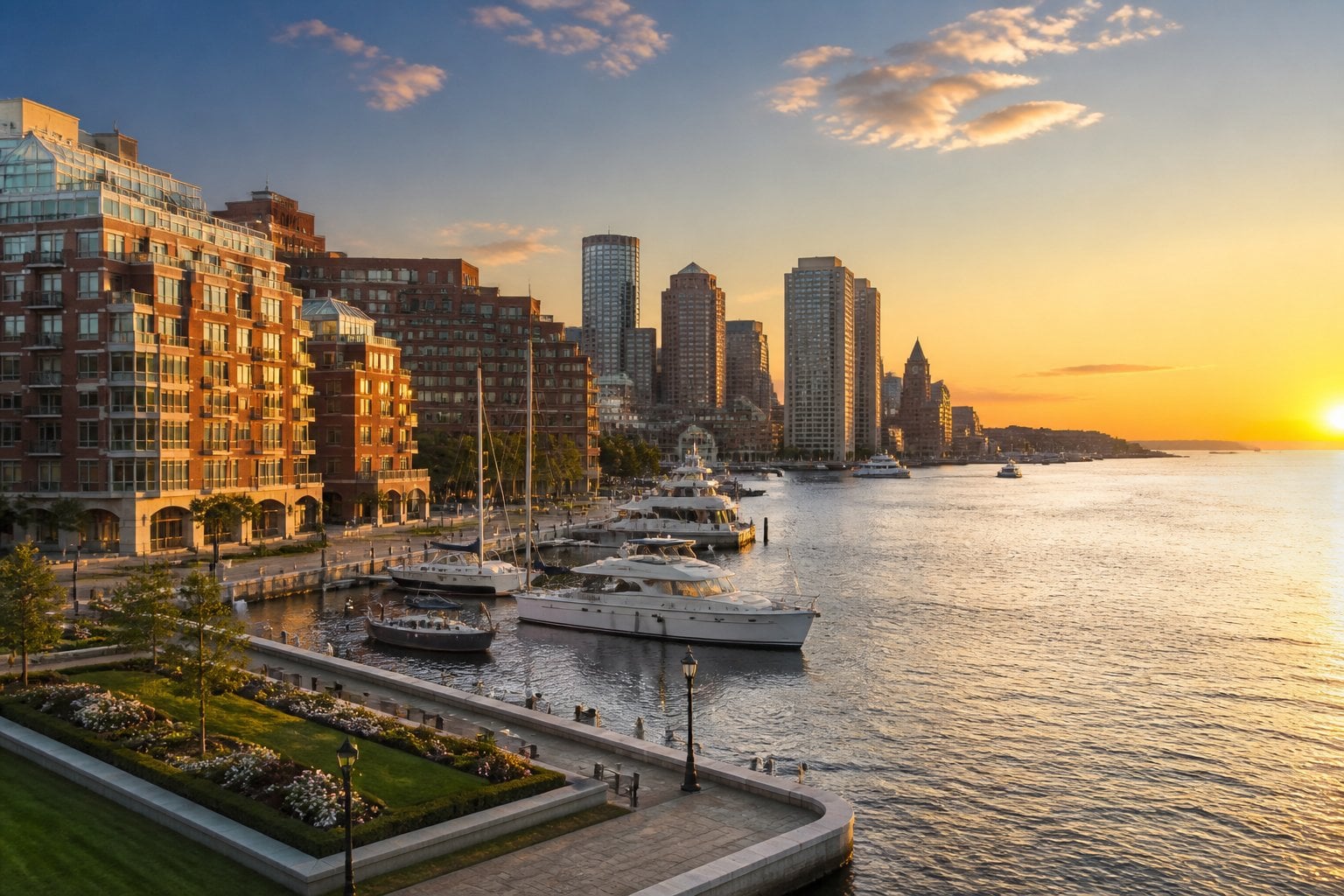 Boston Harbor with luxury yachts, waterfront buildings, and the Boston skyline at golden hour.