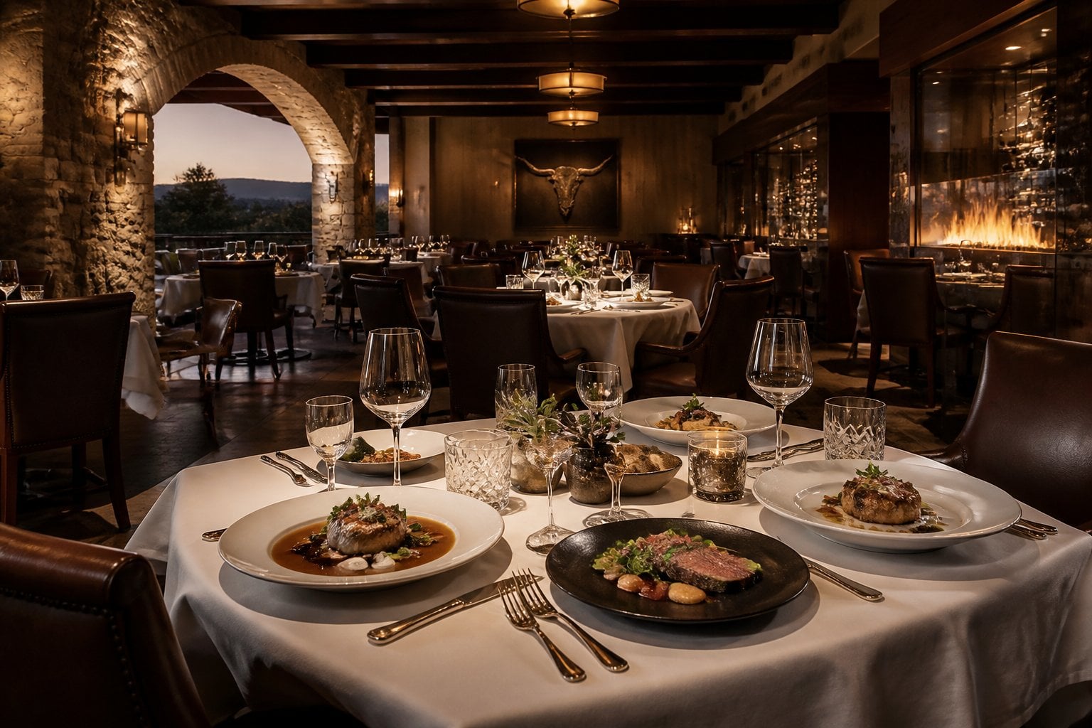 An elegant luxury restaurant dining room with gourmet dishes on a beautifully set table.