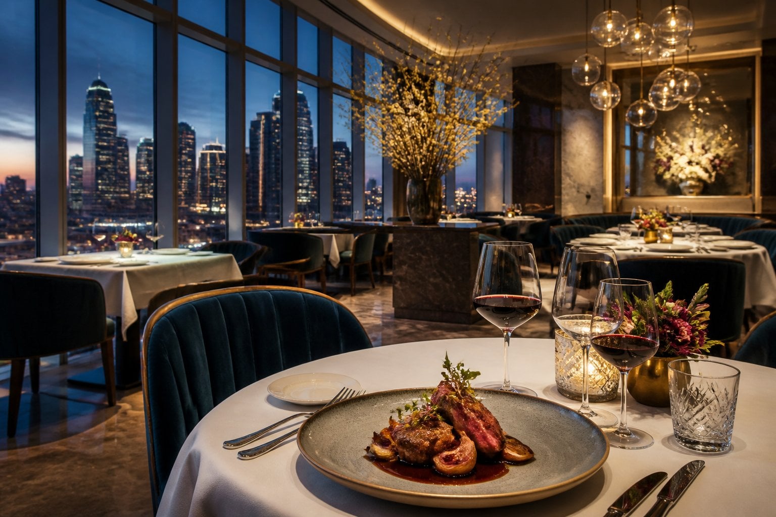 Elegant fine-dining restaurant interior with a gourmet dish and Dallas skyline views at dusk.