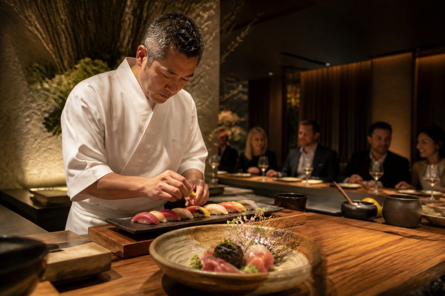 A sushi chef prepares an elegant omakase meal at an upscale restaurant counter.