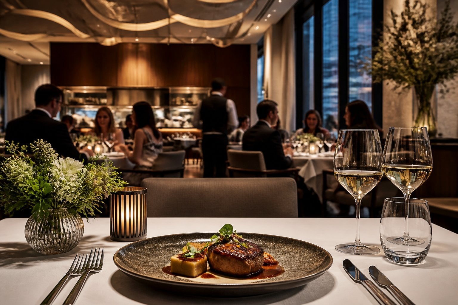 An elegant upscale restaurant dining room with a gourmet dish on a neatly set table.