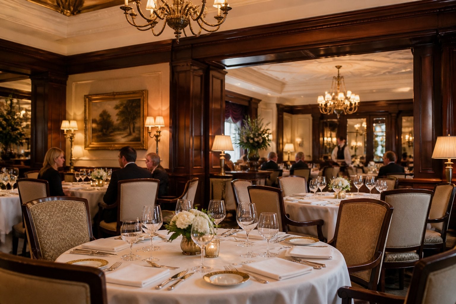 Elegant luxury restaurant dining room with warm lighting, polished wood, white table settings, and softly blurred diners.