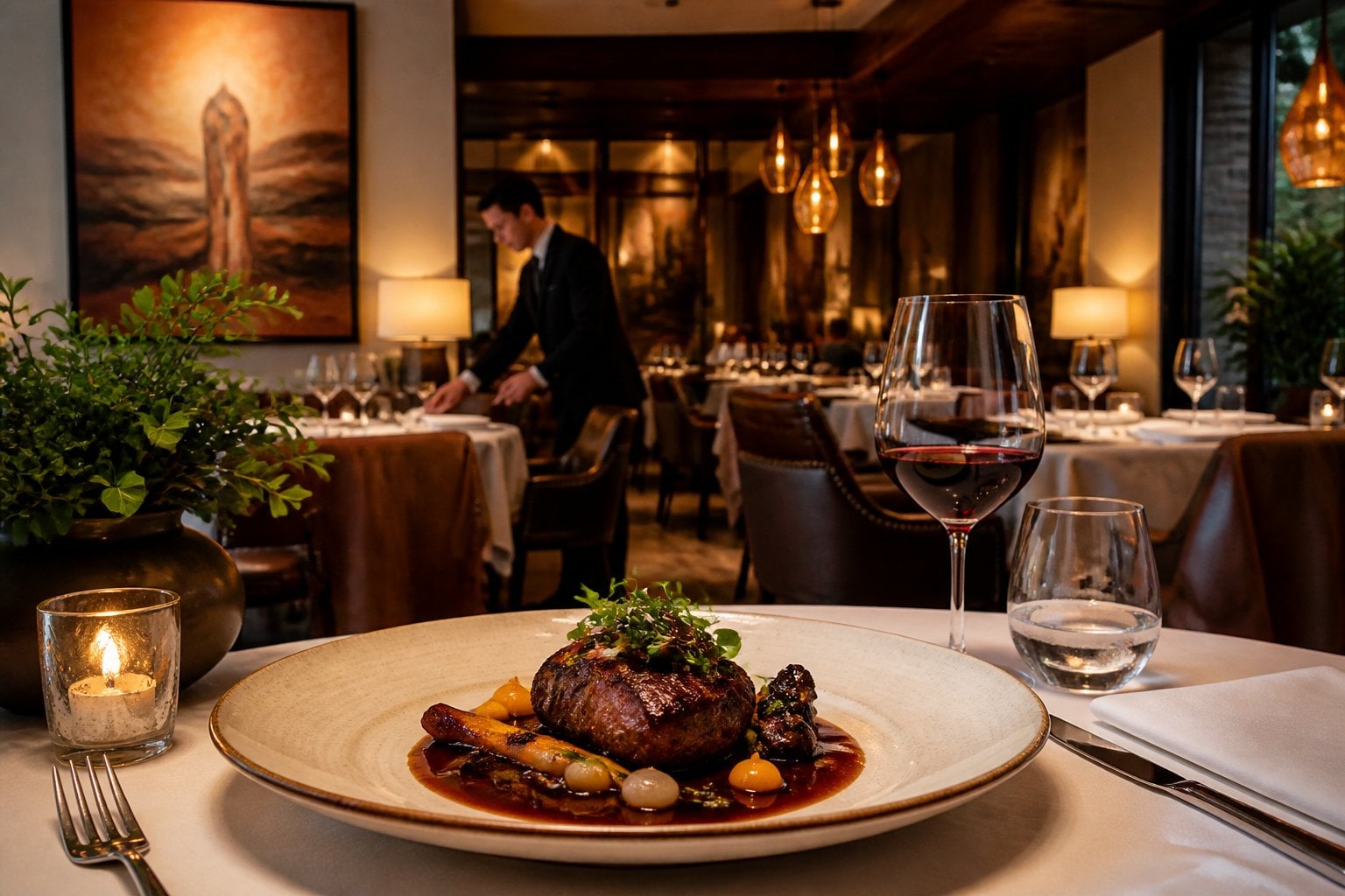 An elegant upscale restaurant dining room with a beautifully plated gourmet dish on a set table.