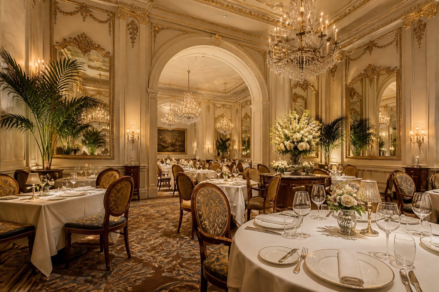 An elegant French-inspired dining room with chandeliers, white tablecloths, and ornate gold details.