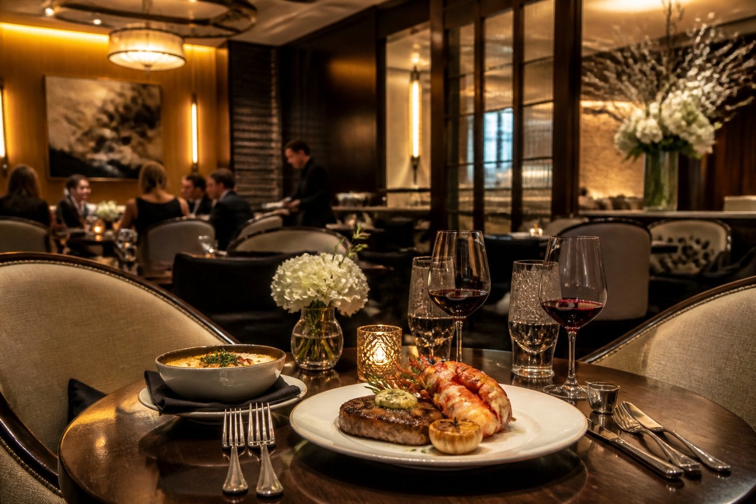 Elegant fine-dining restaurant in Dallas with a beautifully set table and gourmet meal.