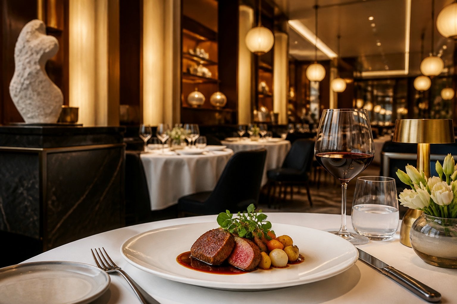 An elegant Dallas restaurant dining room with a beautifully plated gourmet dish on a neatly set table.