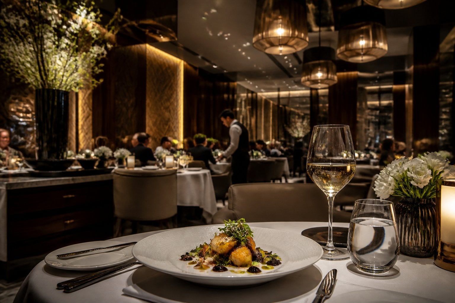 An elegant luxury restaurant dining room with a beautifully plated gourmet dish on a neatly set table.