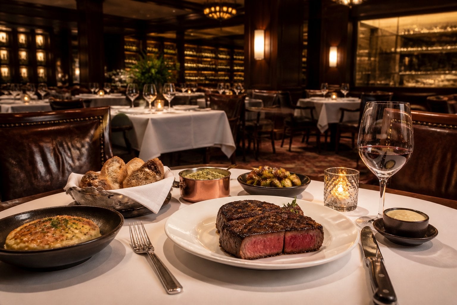 An upscale steakhouse dining room with a beautifully set table featuring grilled steak, side dishes, and red wine.