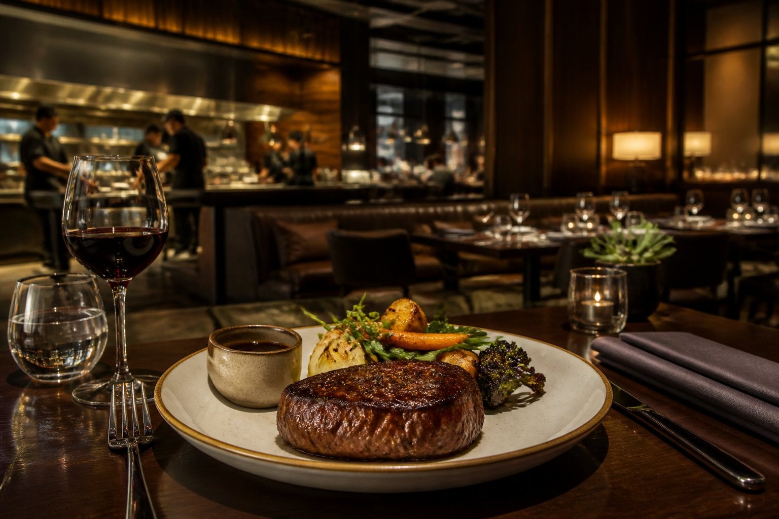 A plated steak dinner in an elegant upscale restaurant dining room.