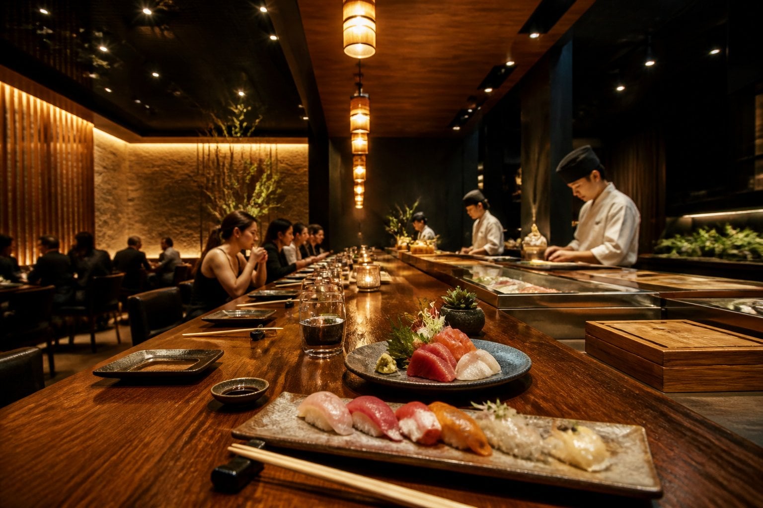 An elegant Japanese restaurant interior with a sushi bar, warm lighting, and carefully arranged dishes.