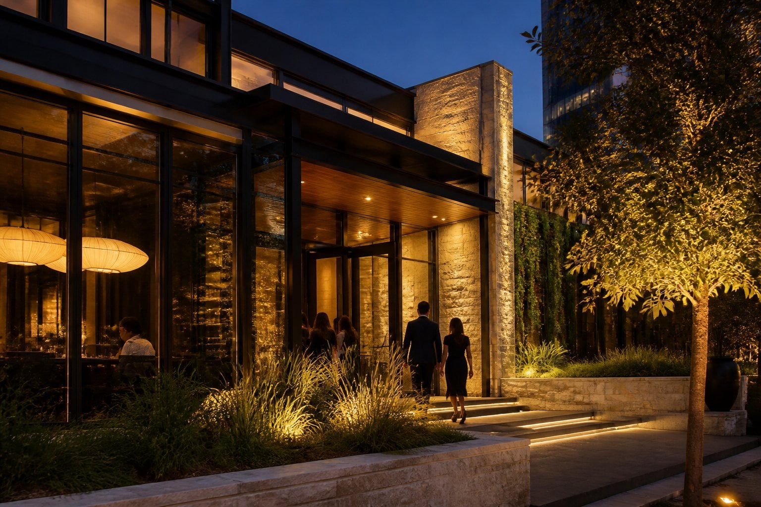 The elegant exterior of The Charles restaurant in Dallas at dusk, with warmly lit windows and guests arriving.