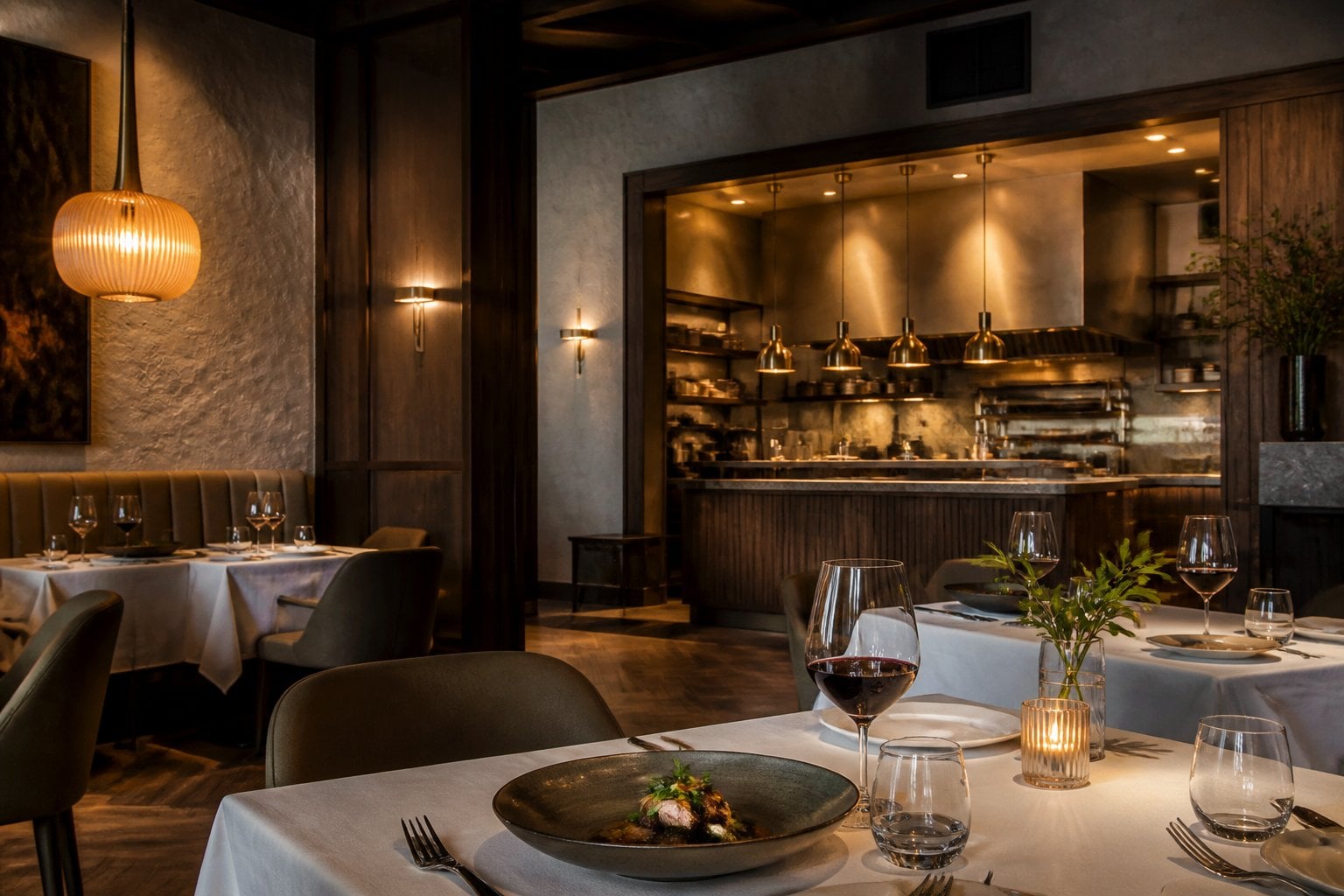 An elegant upscale restaurant dining room with warm lighting, set tables, and a glimpse of an open kitchen.