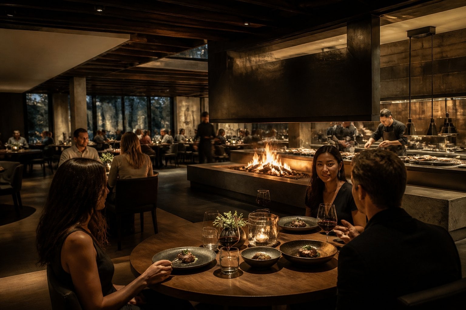 An upscale Austin restaurant dining room with an open hearth, elegant tables, diners, and plated meals.
