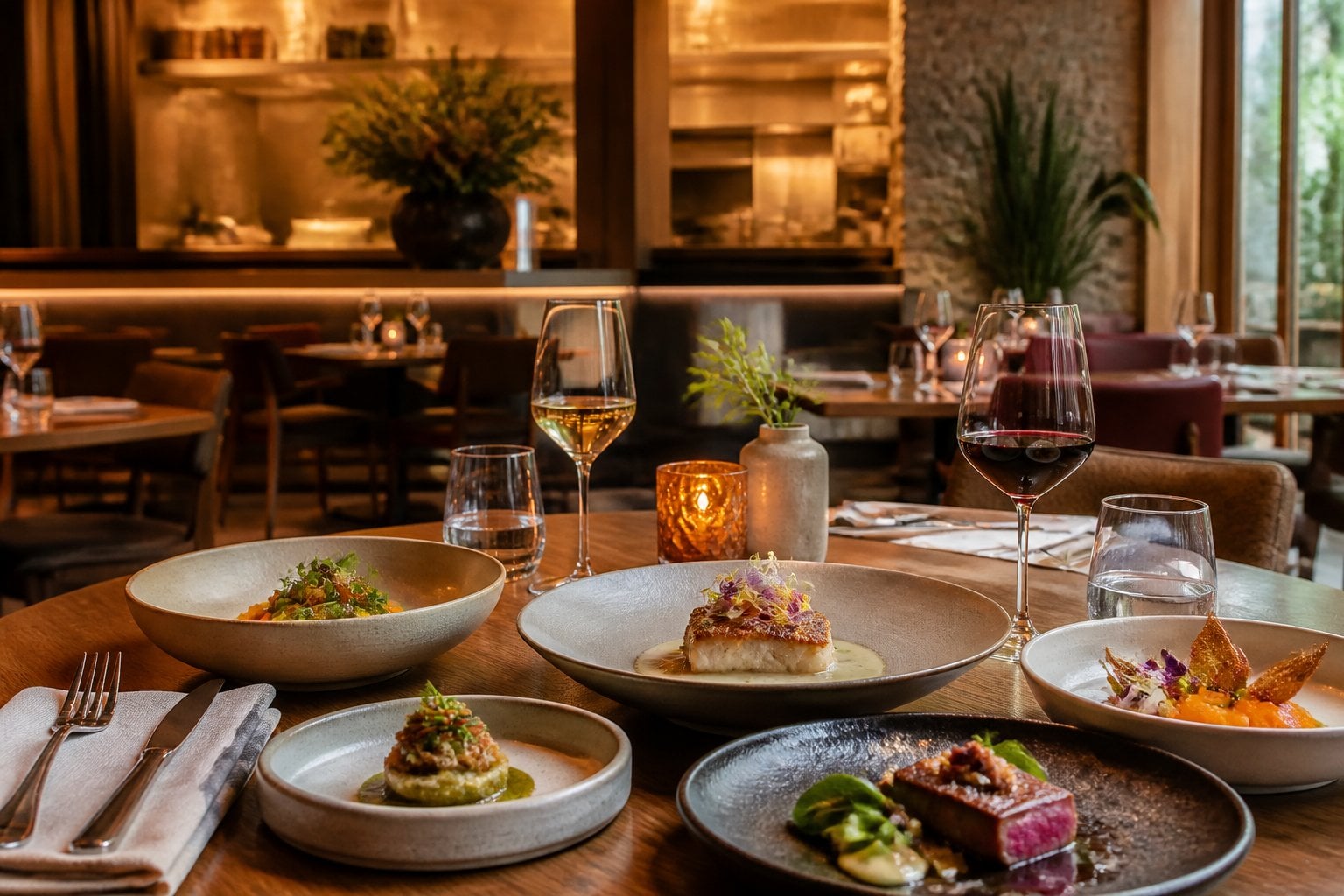 An elegant Austin restaurant interior with refined tables, warm lighting, and artfully plated dishes.