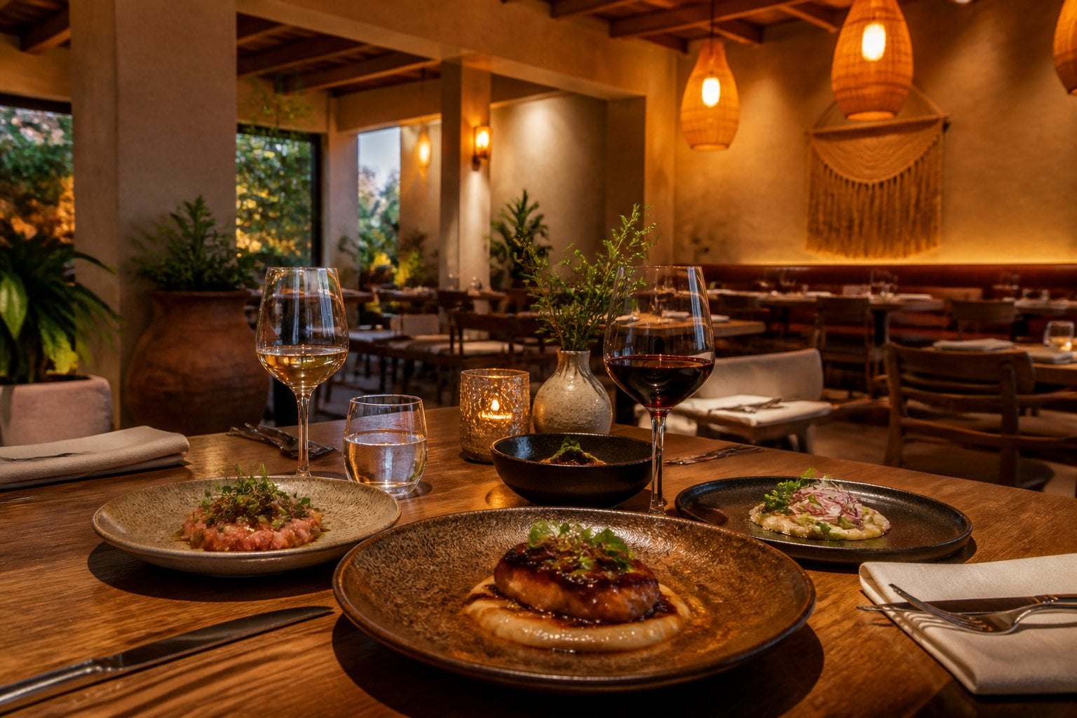 An elegant dining table with upscale Mexican cuisine in a warmly lit Austin restaurant.