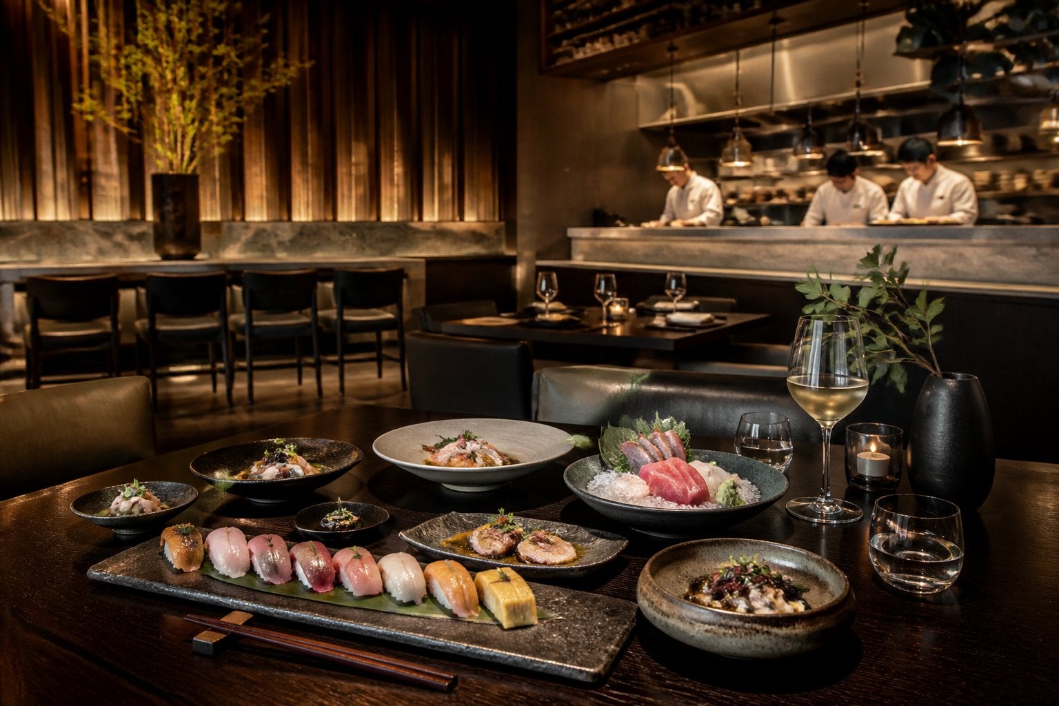 Elegant Austin restaurant dining room with beautifully arranged sushi and Japanese-inspired dishes.