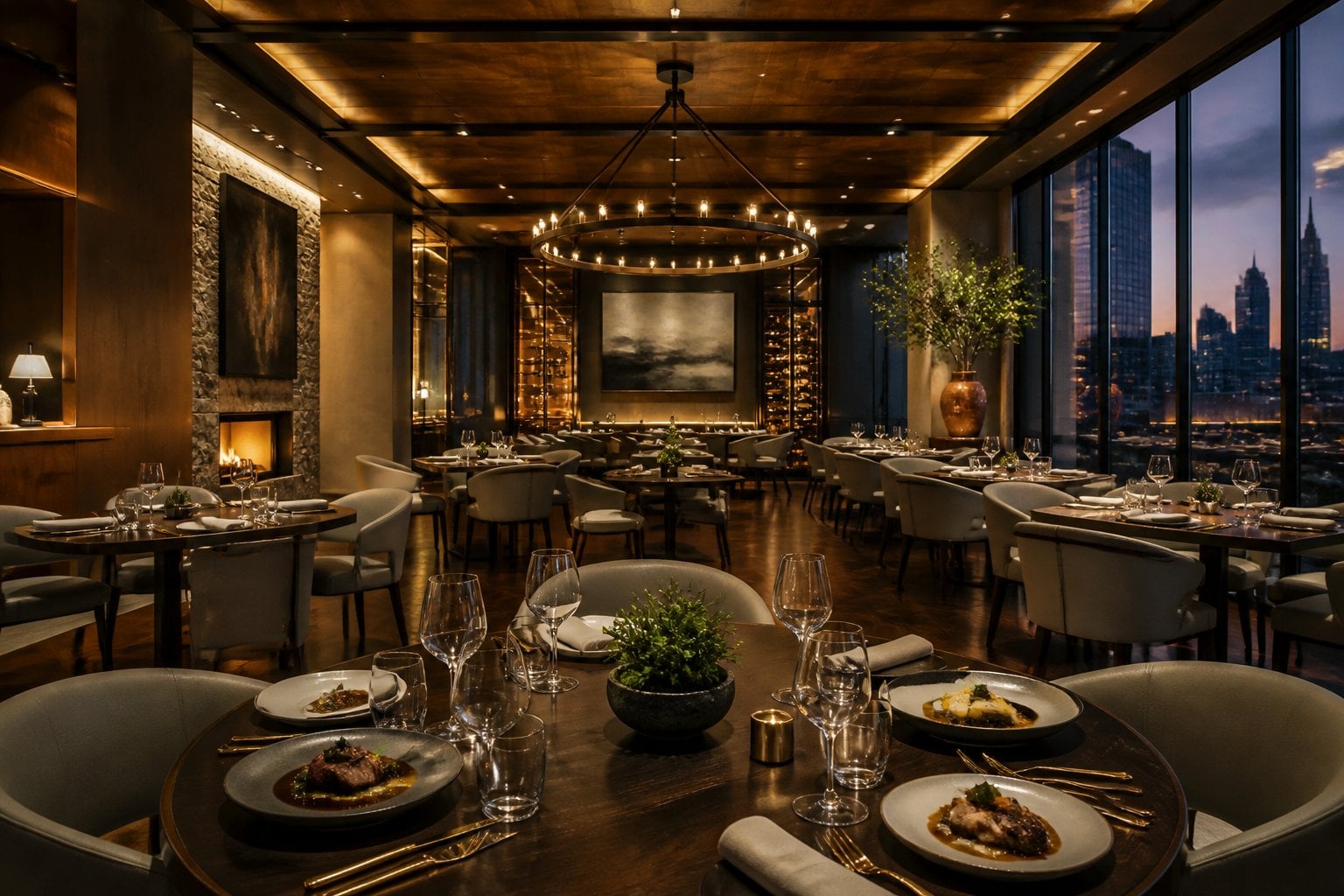 An elegant upscale restaurant dining room in Austin with gourmet dishes, crystal glassware, and warm ambient lighting.