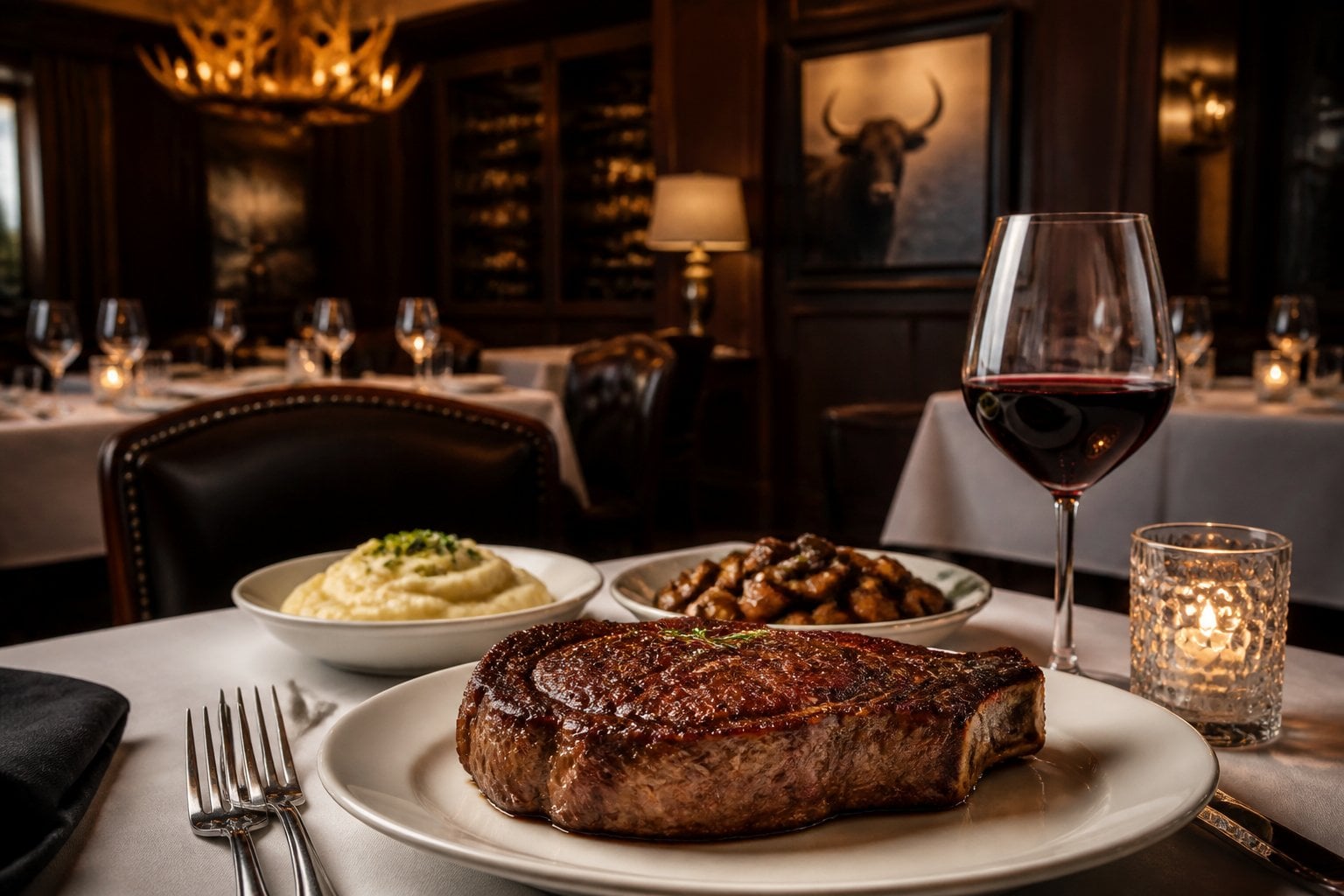 An elegant upscale dining room with a plated steak dinner on a set table.