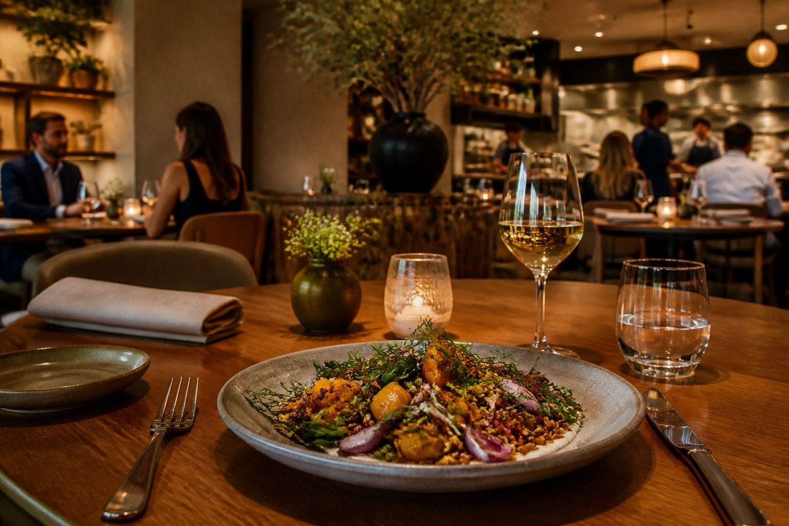An elegant Austin restaurant dining room with warm lighting, diners, and a beautifully plated seasonal dish.