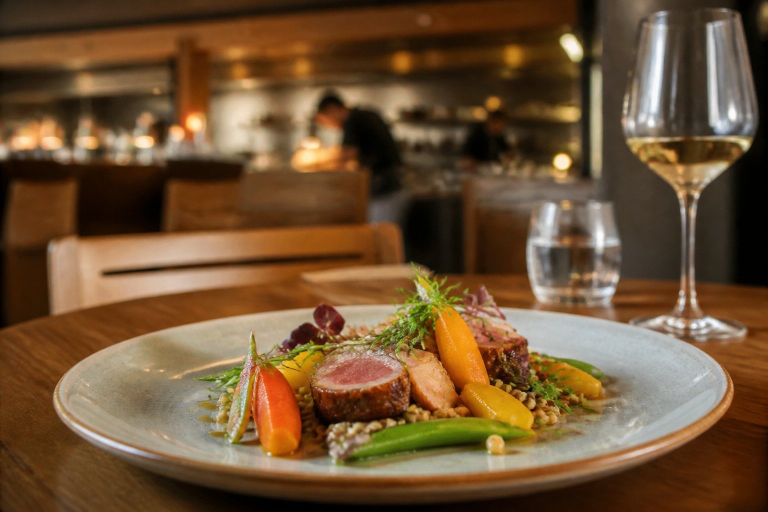 An artfully plated seasonal dish on a table in an upscale restaurant.