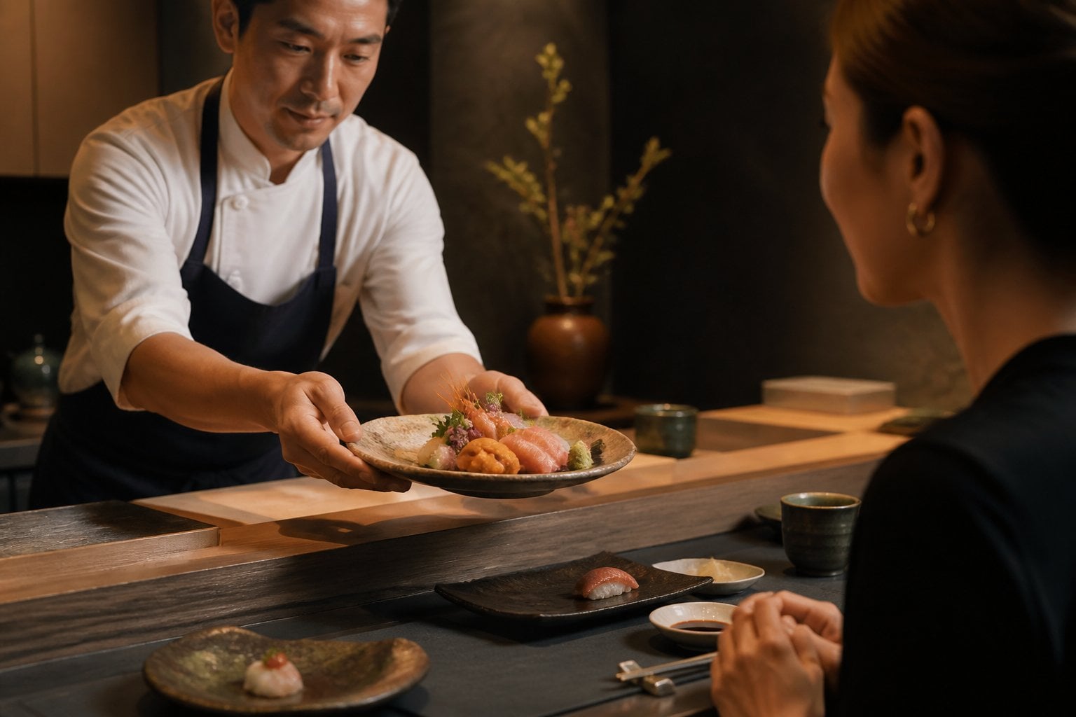 A chef presents an elegant omakase sushi course at an upscale restaurant counter.