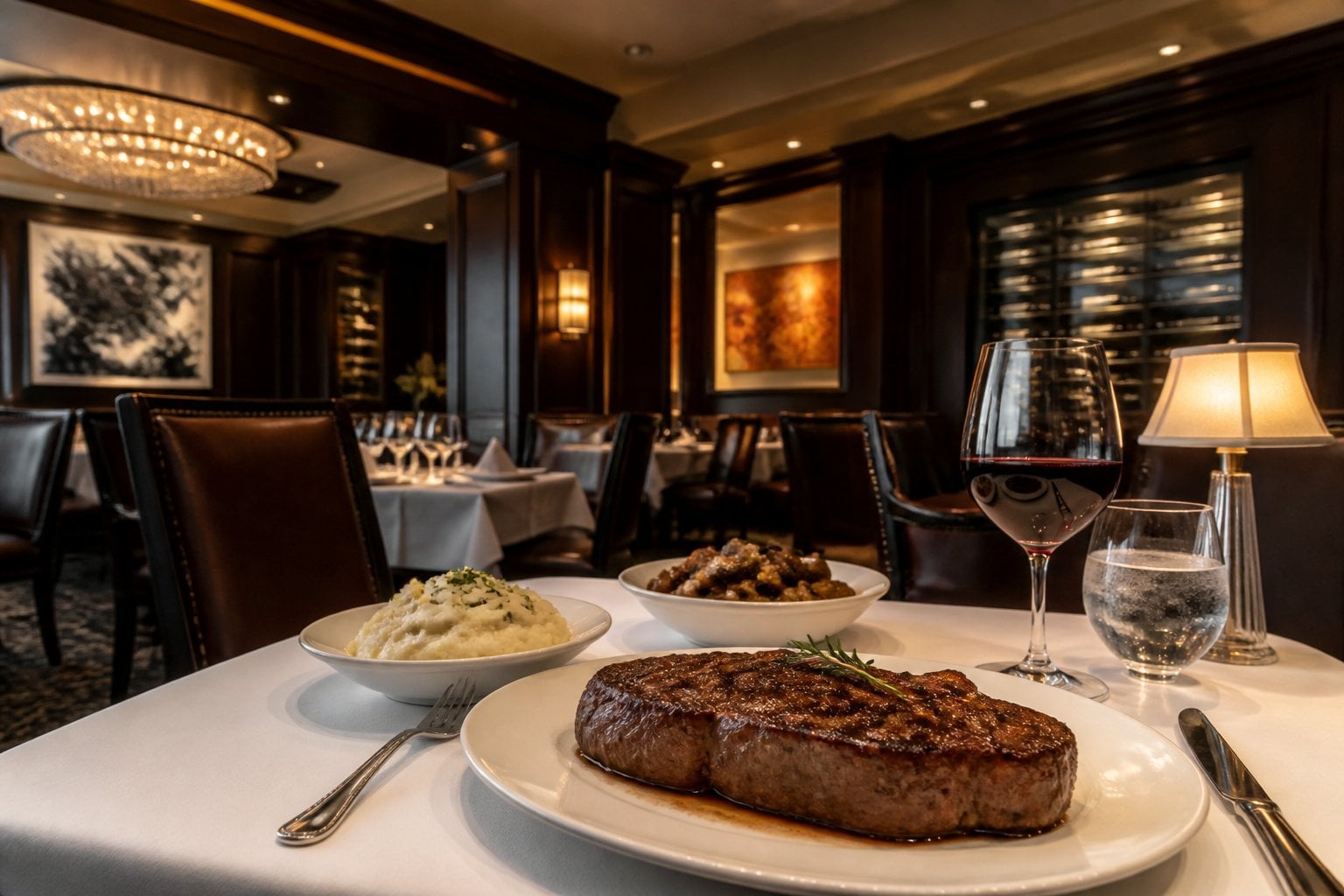 An upscale steakhouse dining room with a plated steak on a neatly set table.