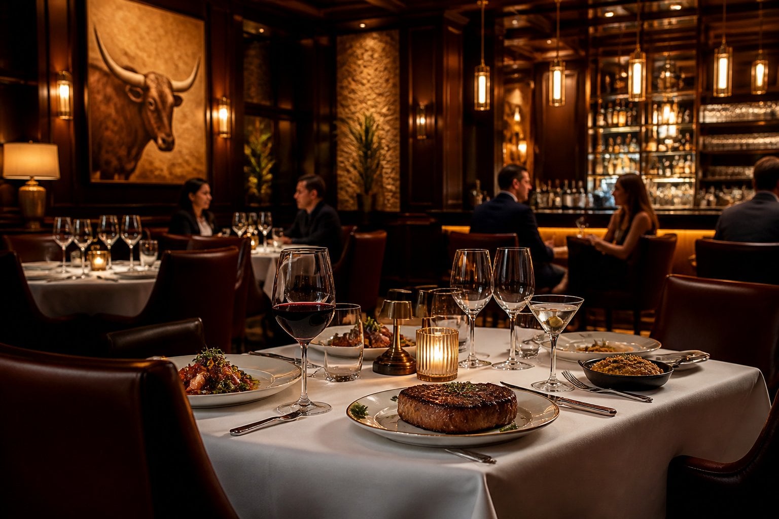 An elegant upscale steakhouse dining room with warm lighting, polished tables, and refined décor.