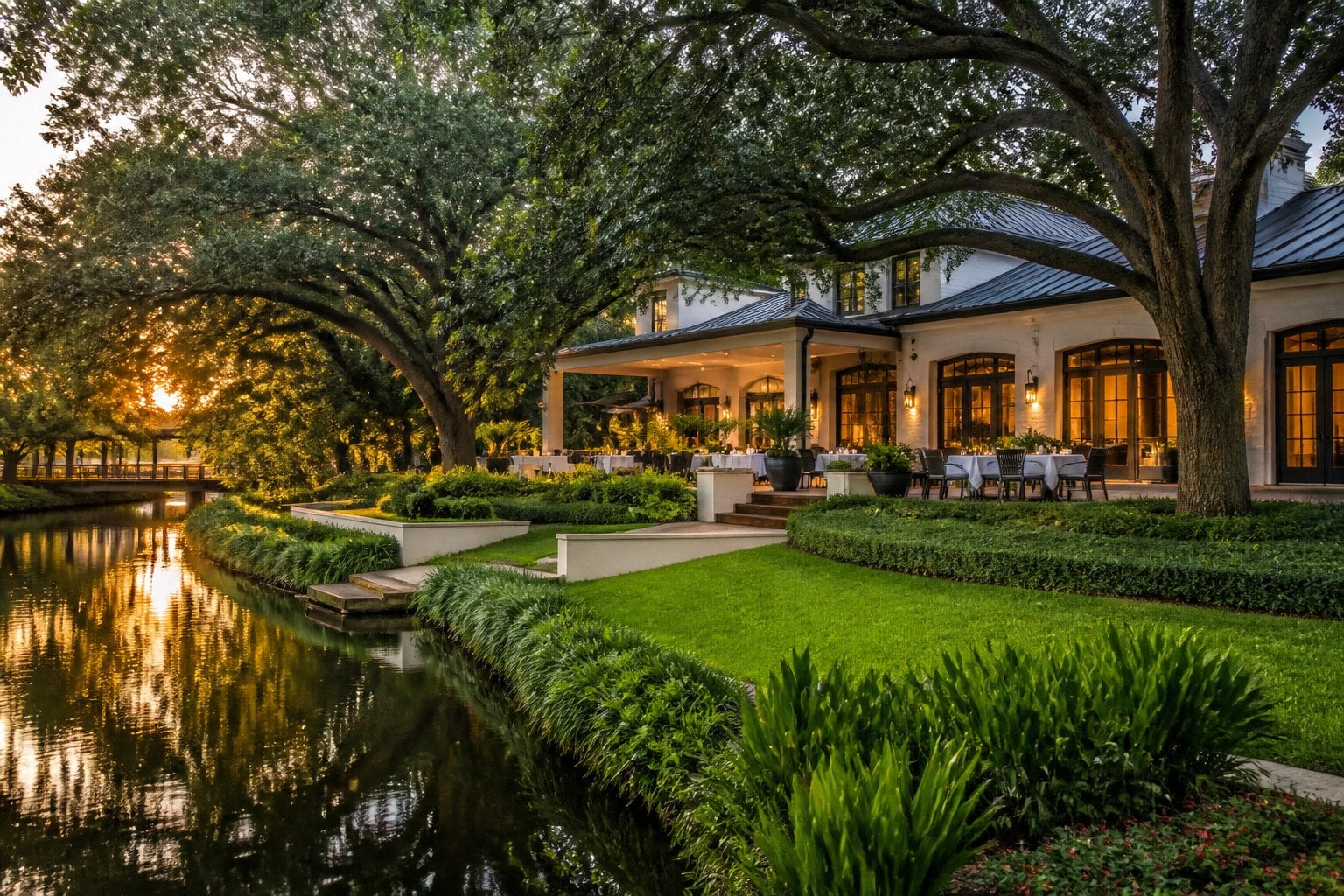 An elegant restaurant surrounded by live oak trees and greenery beside a calm bayou at sunset.
