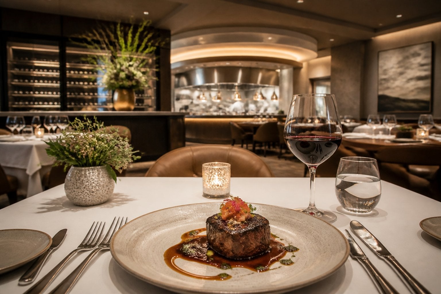 An elegant Houston fine-dining restaurant with a gourmet dish set on a beautifully arranged table.
