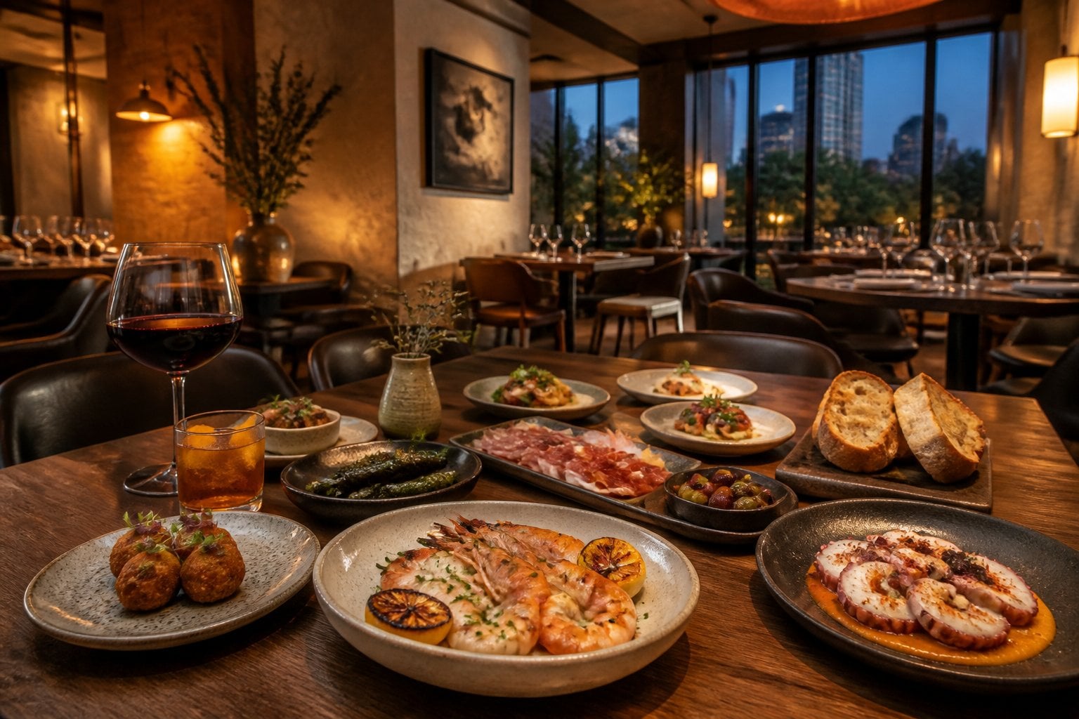 An upscale Spanish restaurant dining room with a table of beautifully presented tapas and seafood dishes.
