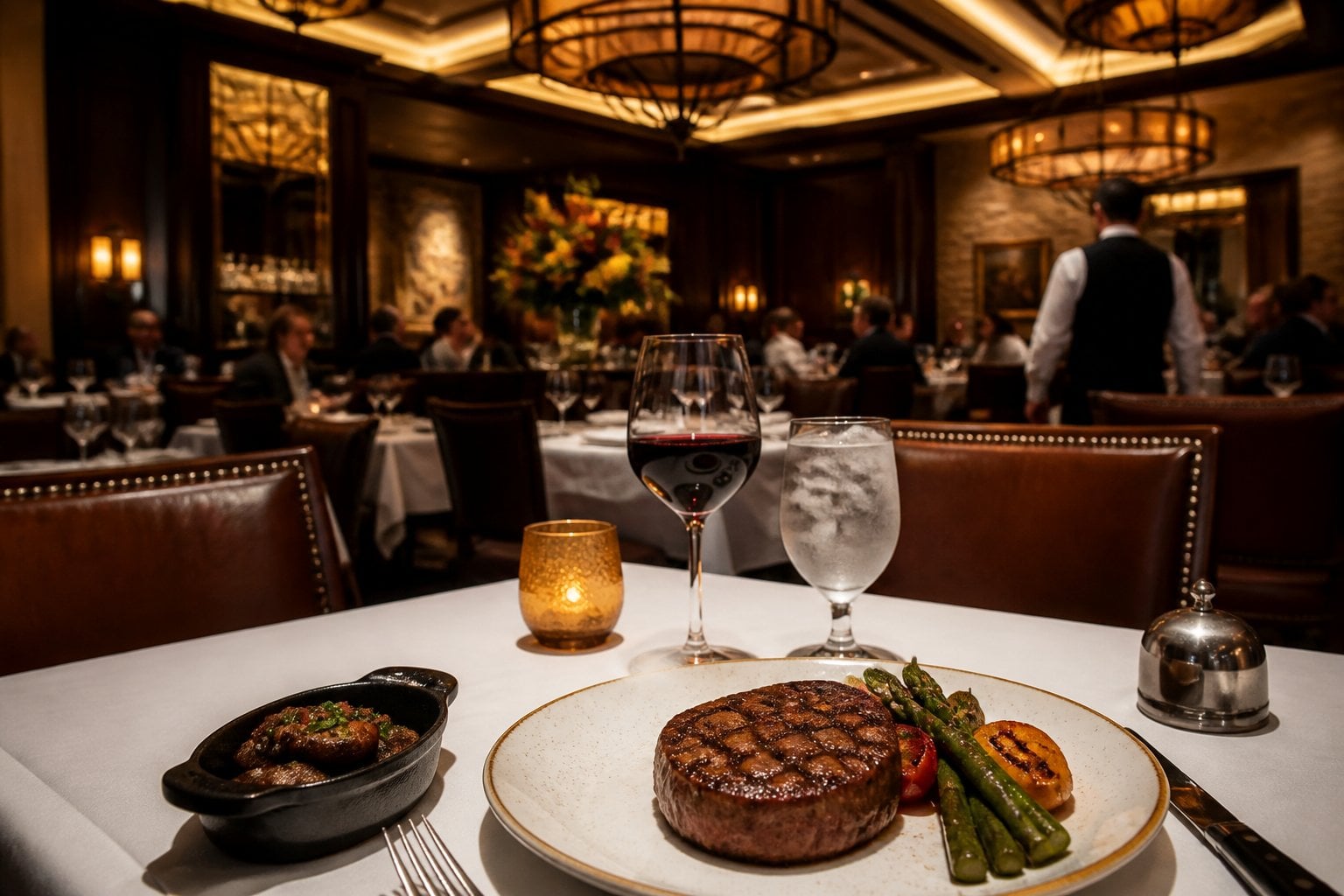 Elegant steakhouse dining room with a finely set table, steak dinner, and warmly lit upscale interior.