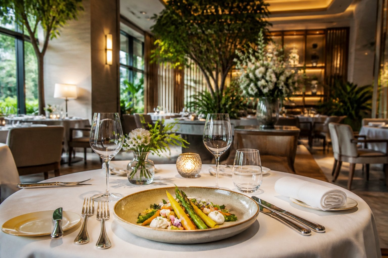 An elegant Houston restaurant dining room with garden-inspired décor and a beautifully set table holding a gourmet dish.