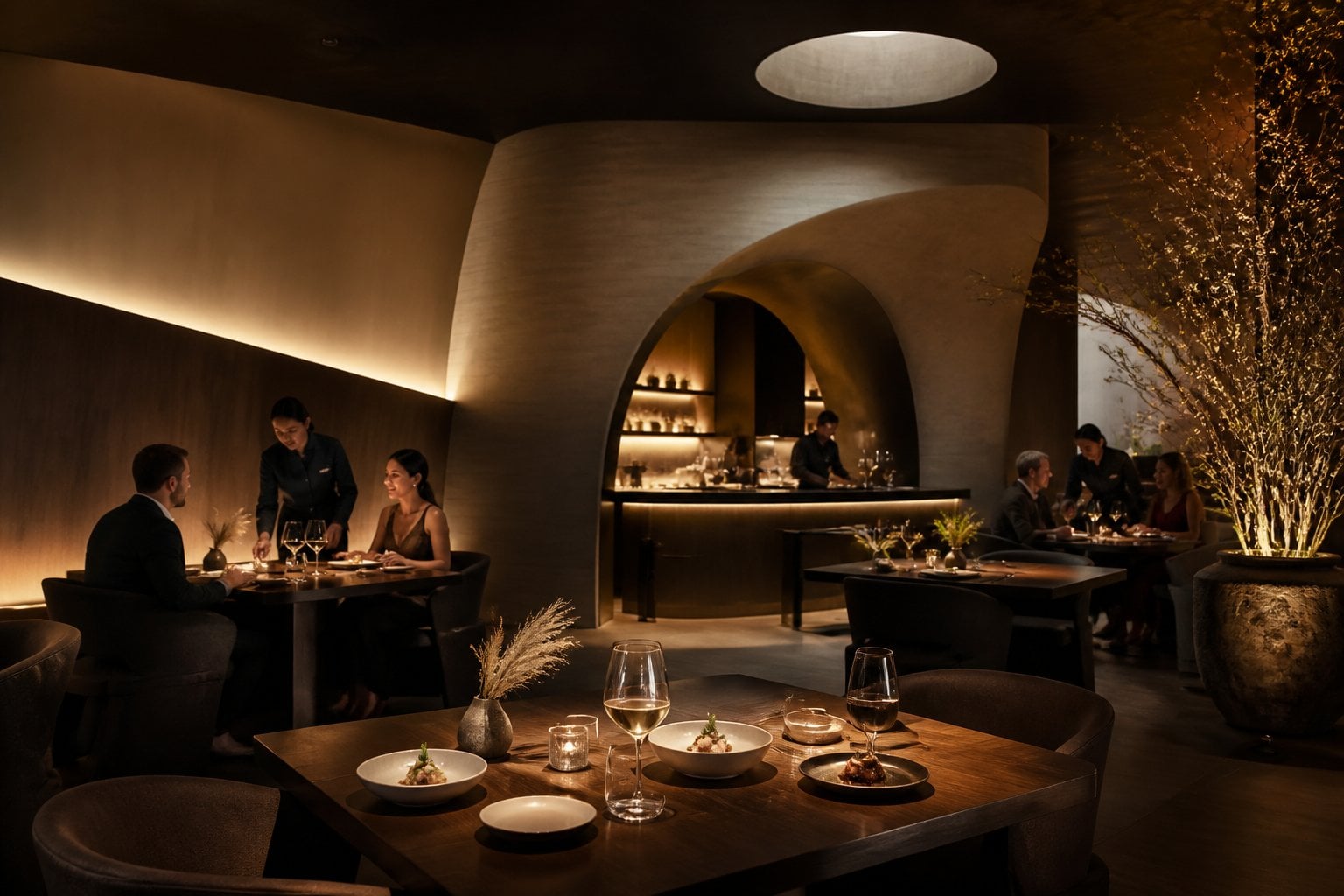 An elegant fine-dining restaurant interior in Los Angeles with warm lighting, refined decor, and upscale table settings.