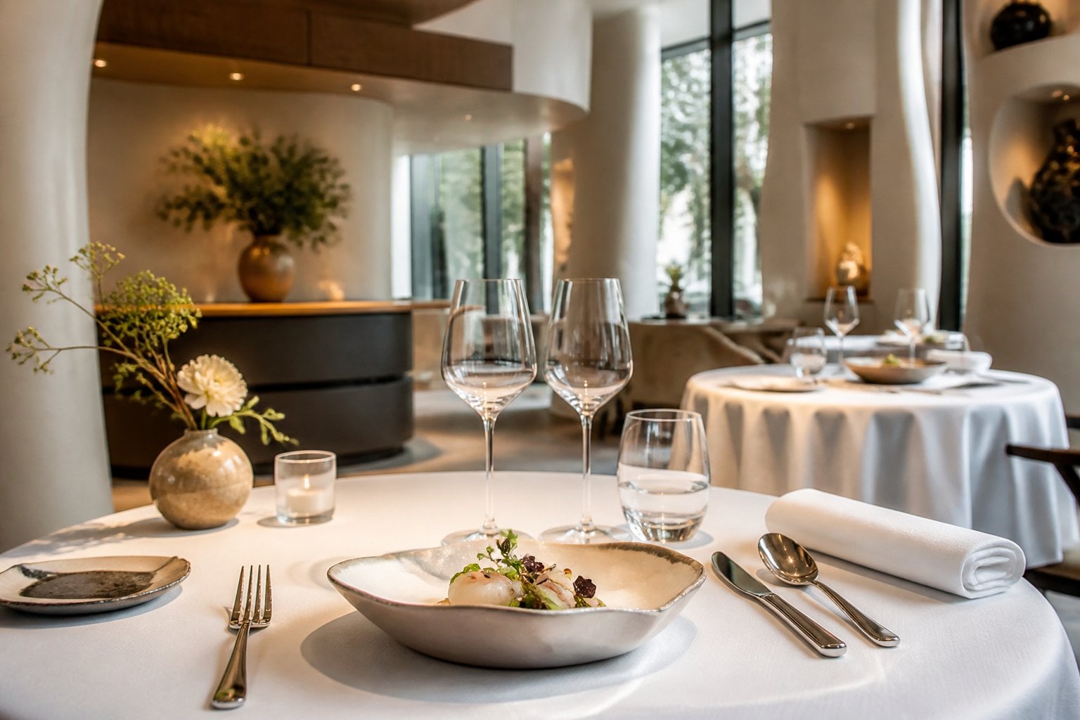 An elegant fine-dining restaurant interior with a beautifully set table and an artistic tasting-menu dish.