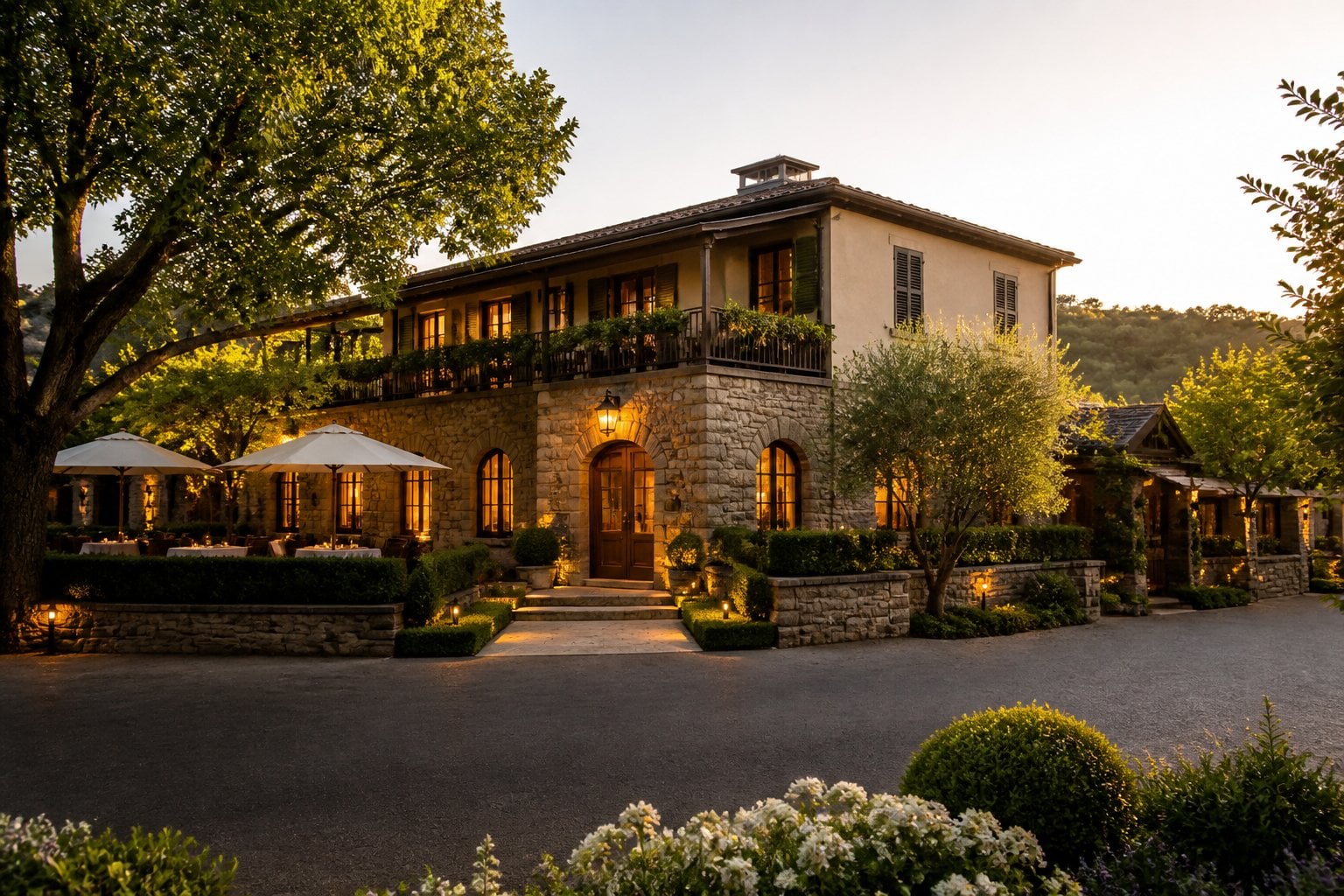 An elegant fine-dining restaurant surrounded by landscaped gardens in California wine country.