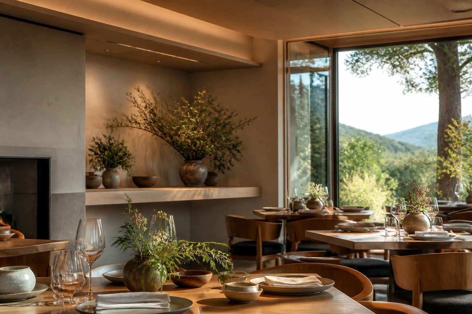 An elegant fine-dining restaurant with warmly lit tables, refined decor, and large windows overlooking a verdant landscape.