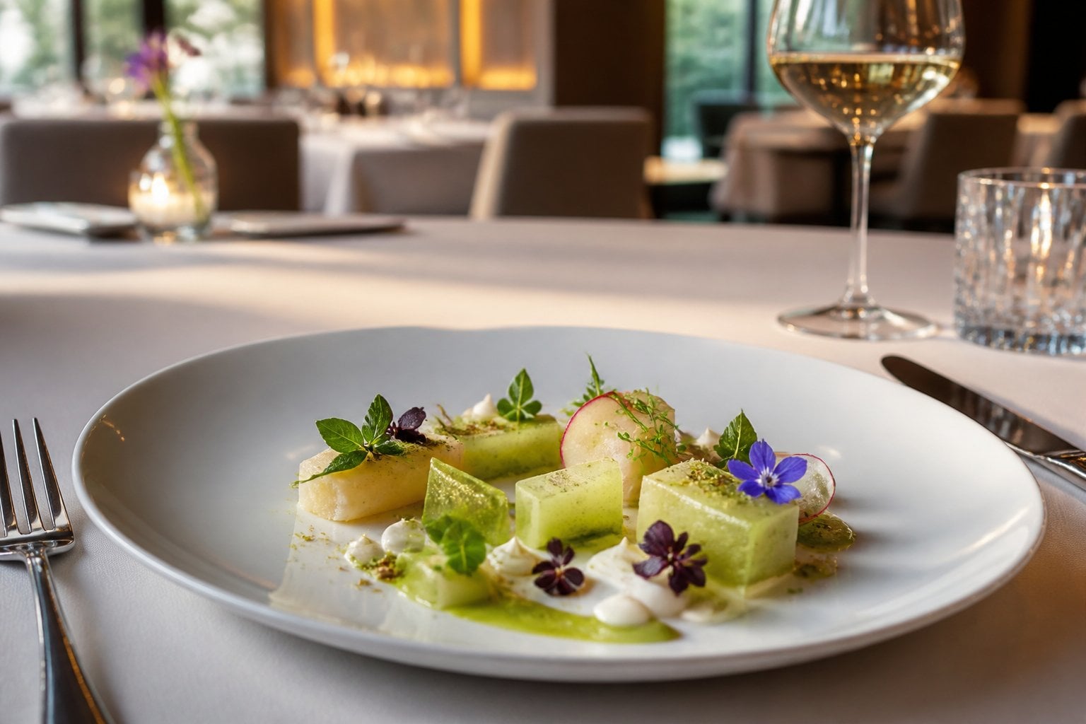 An elegantly plated gourmet dish on a fine-dining table in an upscale restaurant.