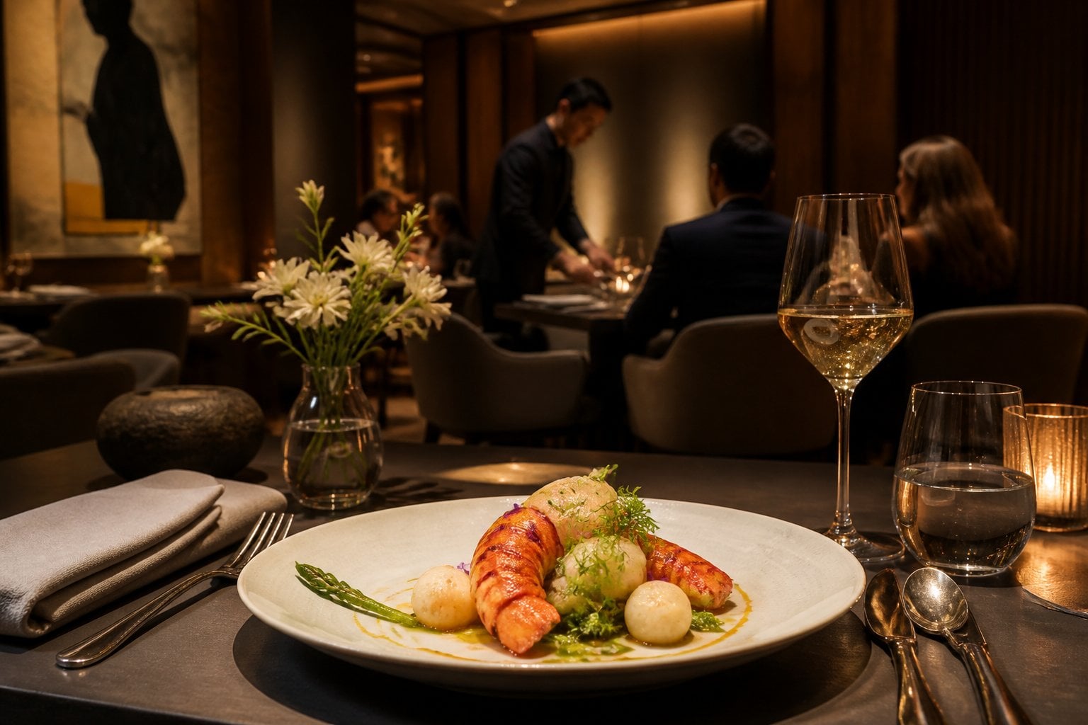 An elegant fine-dining table with an artfully plated seafood dish, crystal glassware, and softly lit restaurant surroundings.