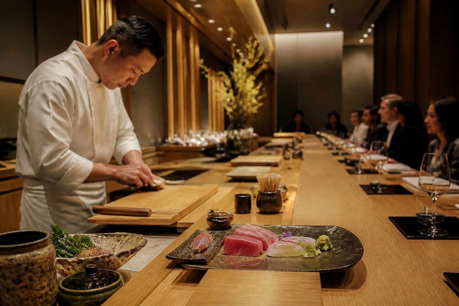 An elegant Japanese omakase counter with premium sushi, warm lighting, and a chef serving diners.