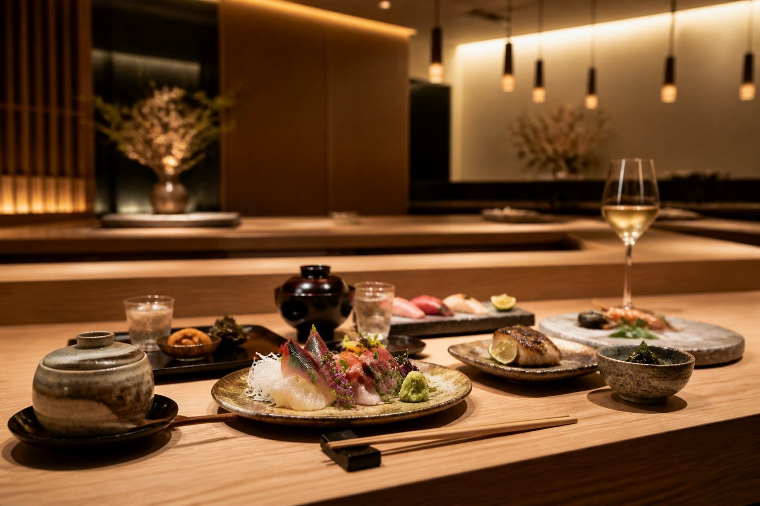 An elegant Japanese fine-dining table with carefully arranged seasonal dishes inside a warm, minimalist restaurant.