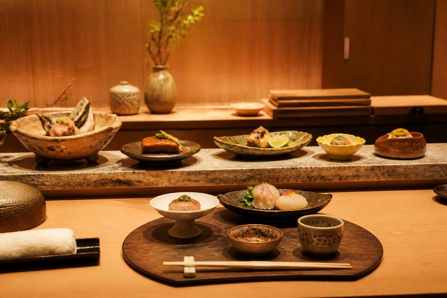 An elegant Japanese restaurant counter set with artfully arranged dishes and handcrafted tableware.