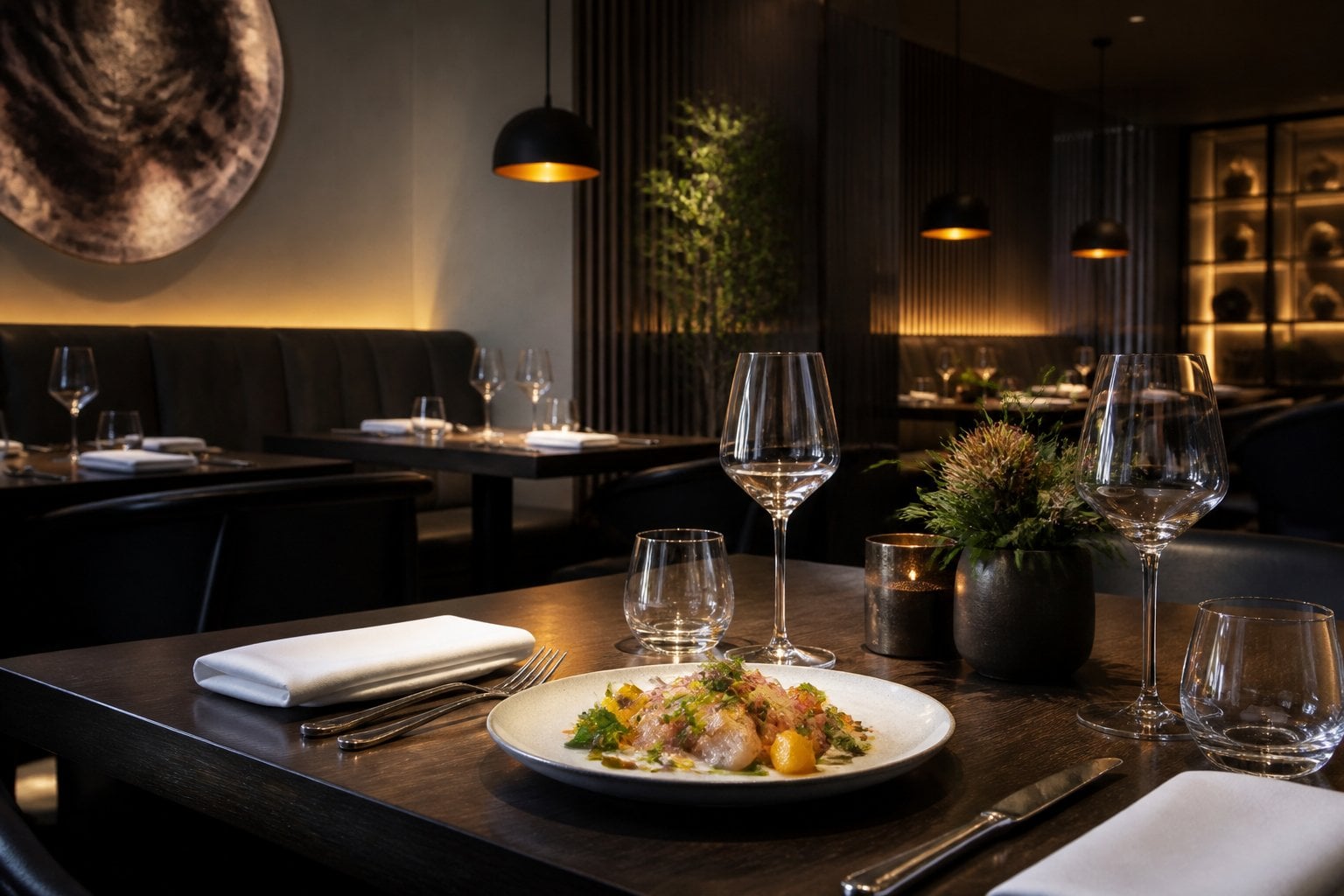 An elegant Los Angeles fine-dining restaurant interior with a set table and an artfully plated dish.