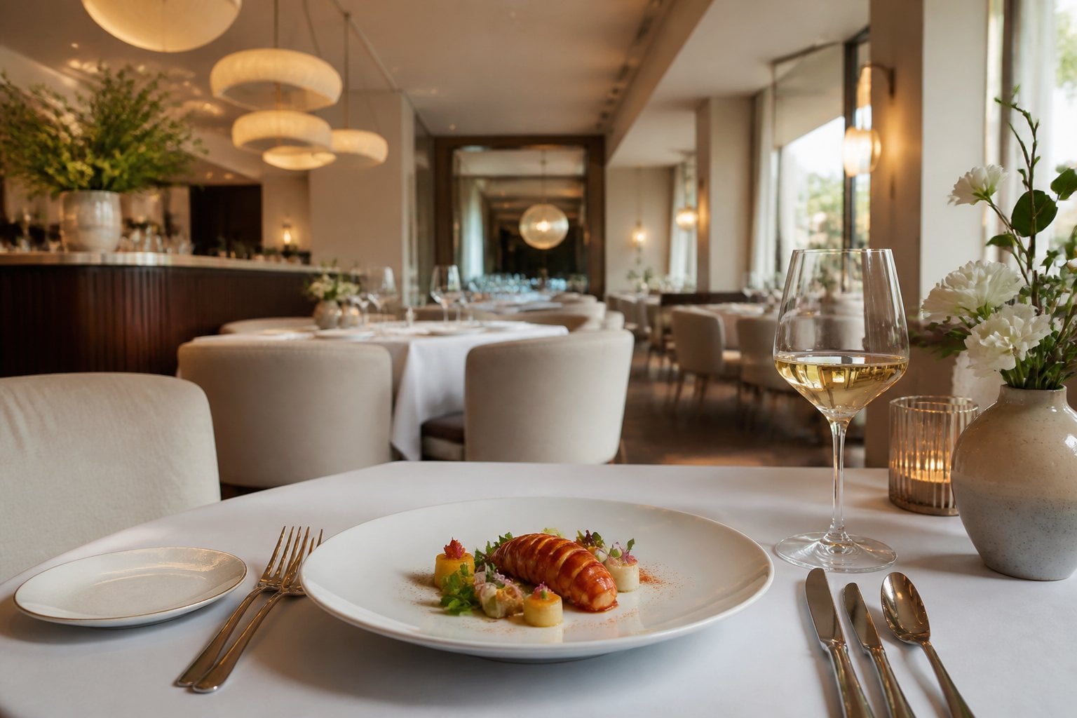 An elegant fine-dining table with an artfully plated course, crystal glassware, and soft ambient lighting.