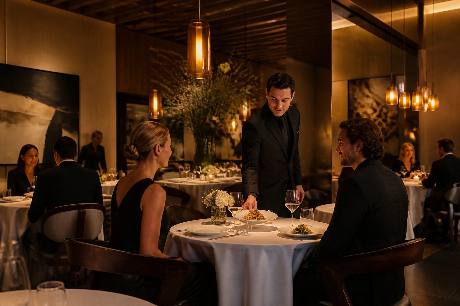 An elegant Beverly Hills fine-dining restaurant with warmly lit tables, diners, and a server presenting a gourmet dish.