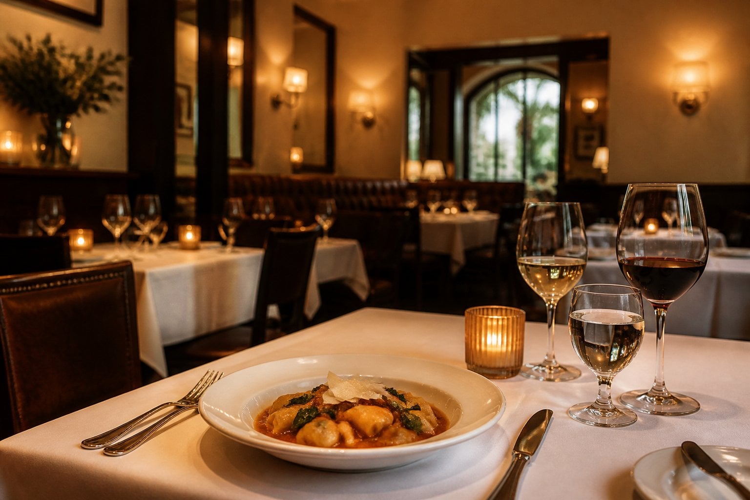 An elegant upscale restaurant dining room with warm lighting and a gourmet dish on a set table.