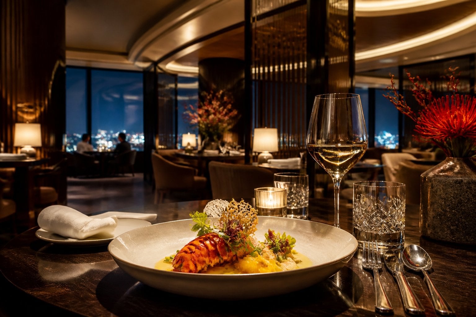 An elegant restaurant dining room with a beautifully plated gourmet dish on a set table.