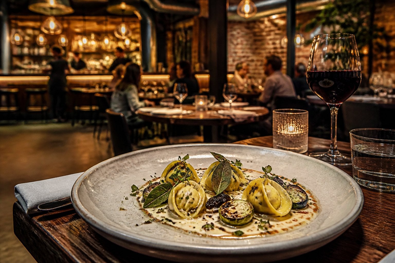 An upscale Los Angeles restaurant dining room with a beautifully plated Italian dish in the foreground.