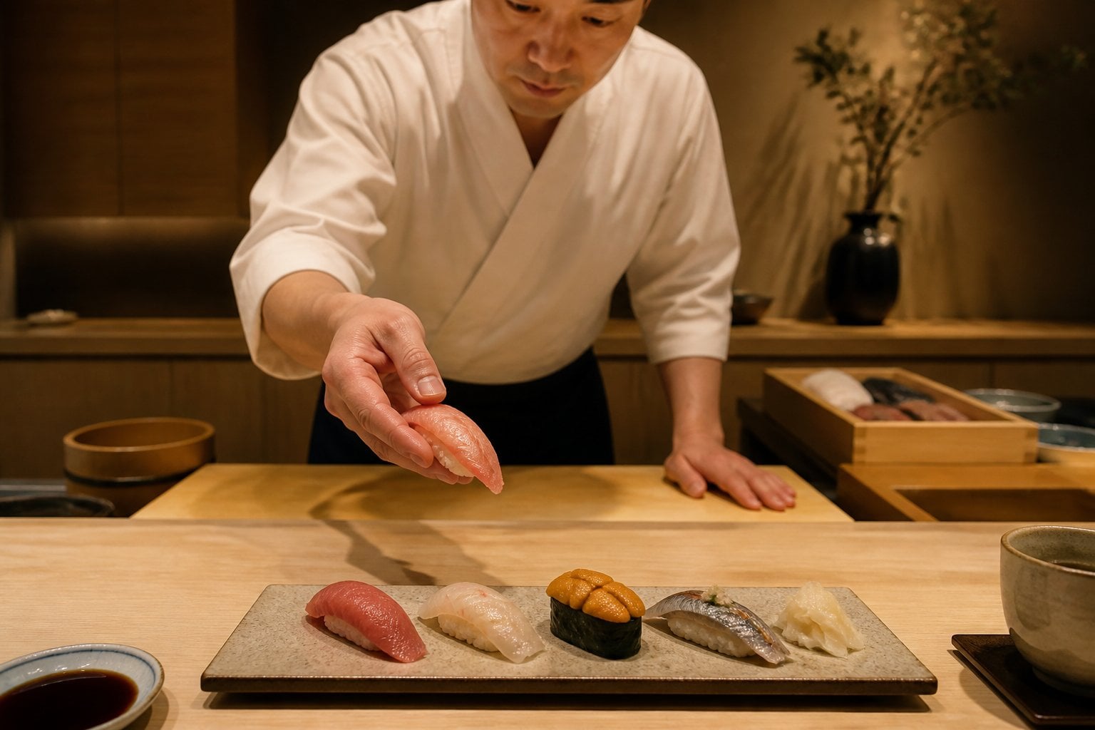 A sushi chef presents an elegant assortment of nigiri at a refined Japanese sushi counter.